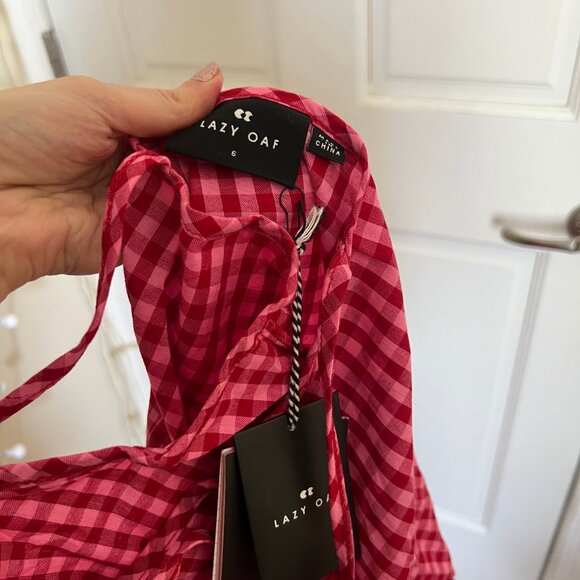 NWT Lazy Oaf Red Gingham Checkin You Out Wide Leg Jumpsuit - Picture 3 of 9